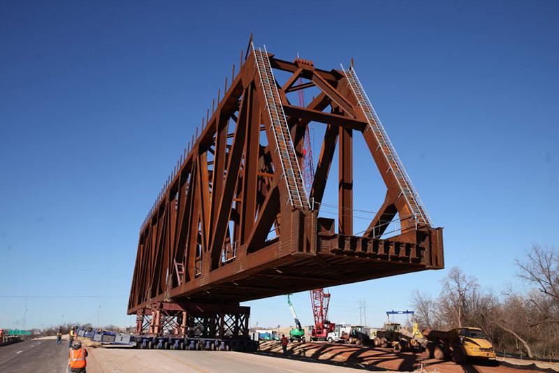 Steel railroad bridge truss prior to installation